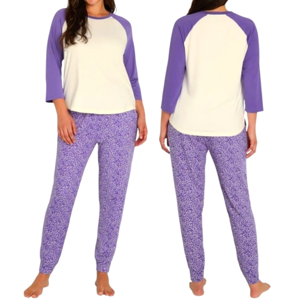 Eddie Bauer Purple and Cream Women's 2-Piece Pajama Set, NEW - Picture 1 of 7